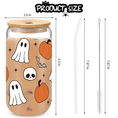 UAREHIBY Halloween Ghost Pumpkin Skull Fall Cup, 18oz Pumpkins Fall Mug, Iced Coffee Glass Tumbler with Lids and Straws, Spooky Glass Cup, Goth Spooky Gifts, Halloween Gifts for Women Kids Teens Adult