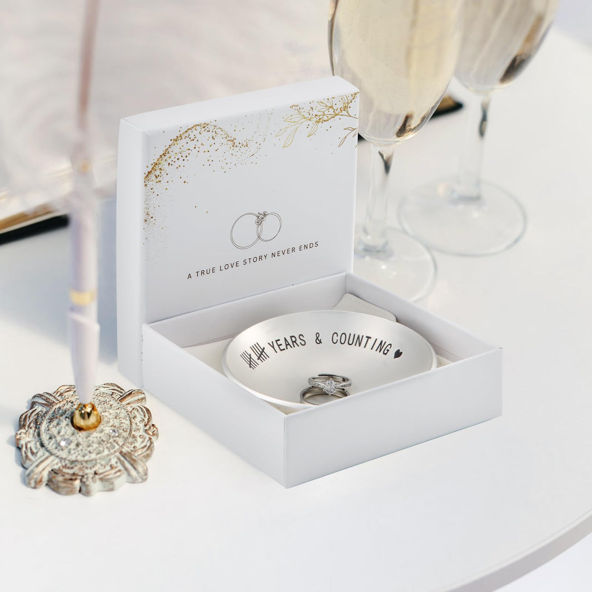 Urllinz 10 Year Anniversary Tin Gifts for Him - 10th Wedding Anniversary Jewelry Tray for Wife Couple Husband Her, Sliver Ring Holder Dish & Card & Gift Box, 4"