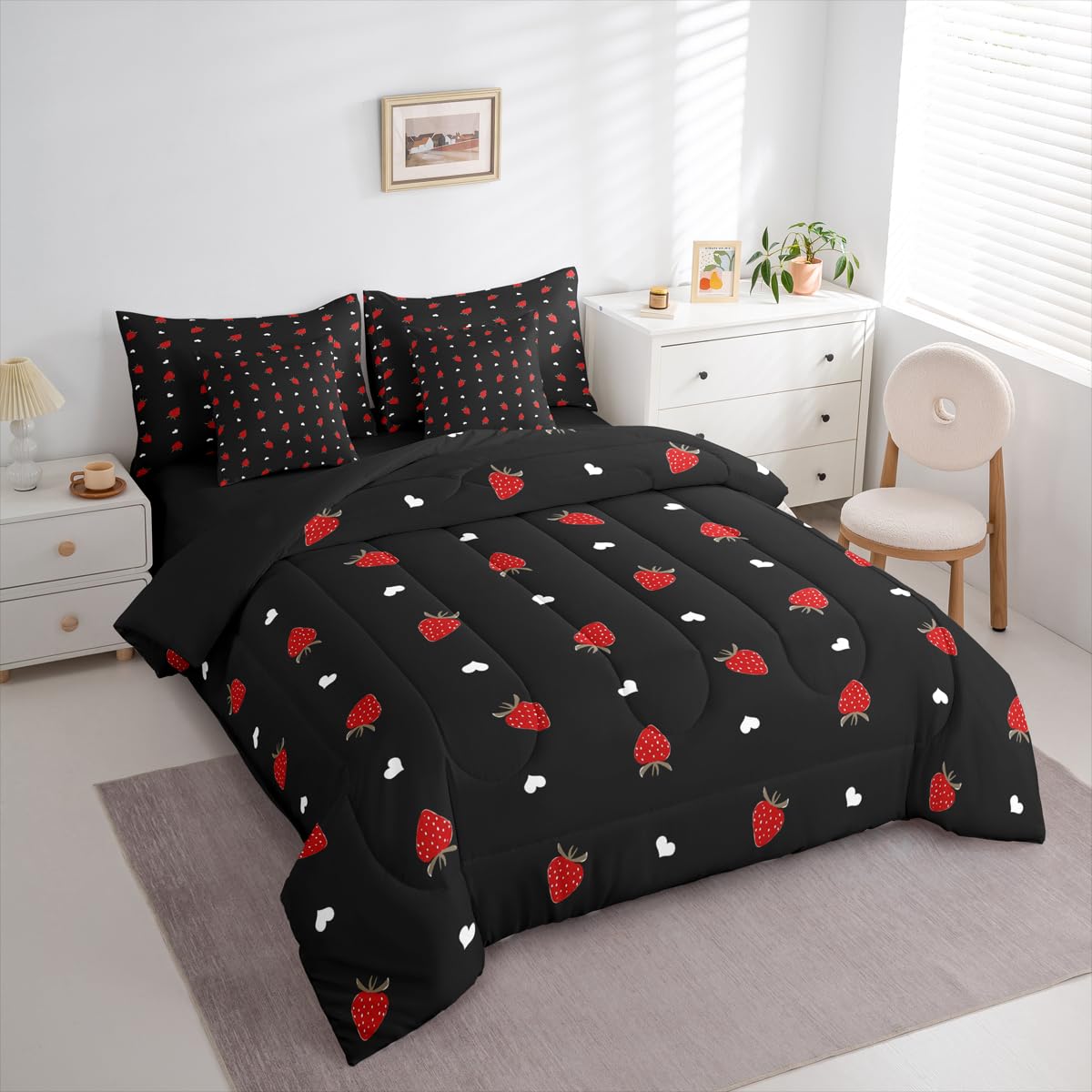 Erosebridal Kawaii Strawberry Full Size Comforter Set, Cute Fruits Theme Sweet 7-Piece Bed in A Bag, Red Black Sheets and Pillowcases, Heart Pattern Bedding Set Room Decor