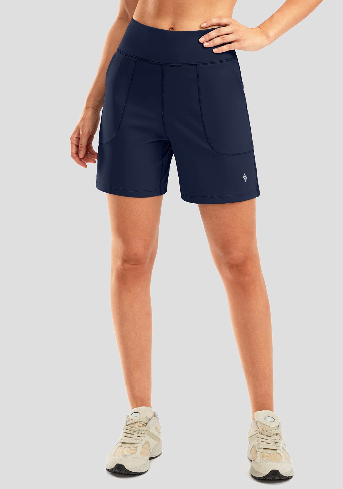 SANTINY Women's 6'' Athletic Long Shorts with 4 Pockets High Waisted Bermuda Shorts for Women Walking Running Casual (Navy_M)