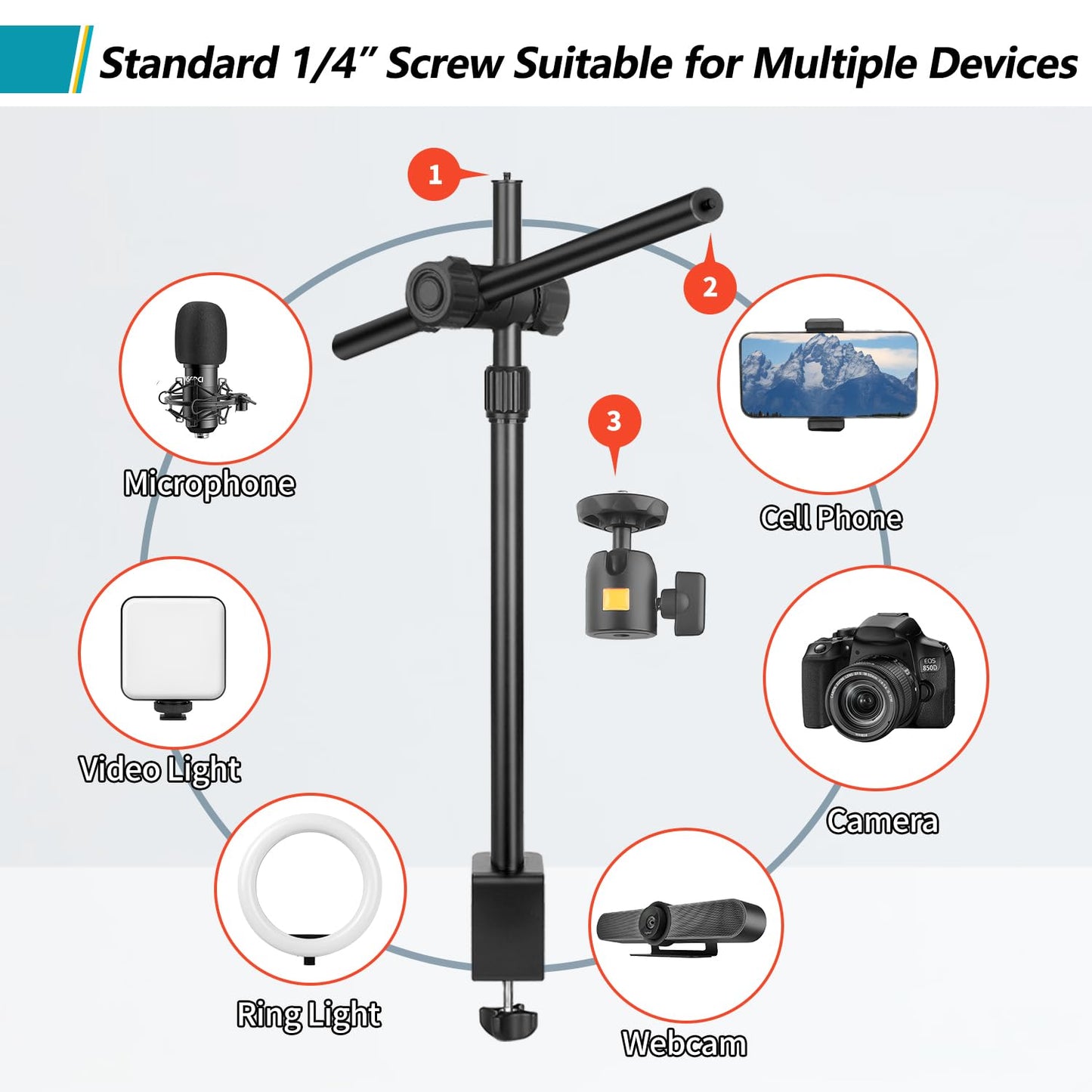 Overhead Camera Mount Desk Stand, Camera Arm Desk Mount Clamp Stand with 360°Adjustable Magic Arm, Webcam Arm Mount Stand w Ballhead Phone Mount for Desk Logitech Microphone Video Light Cell Phone