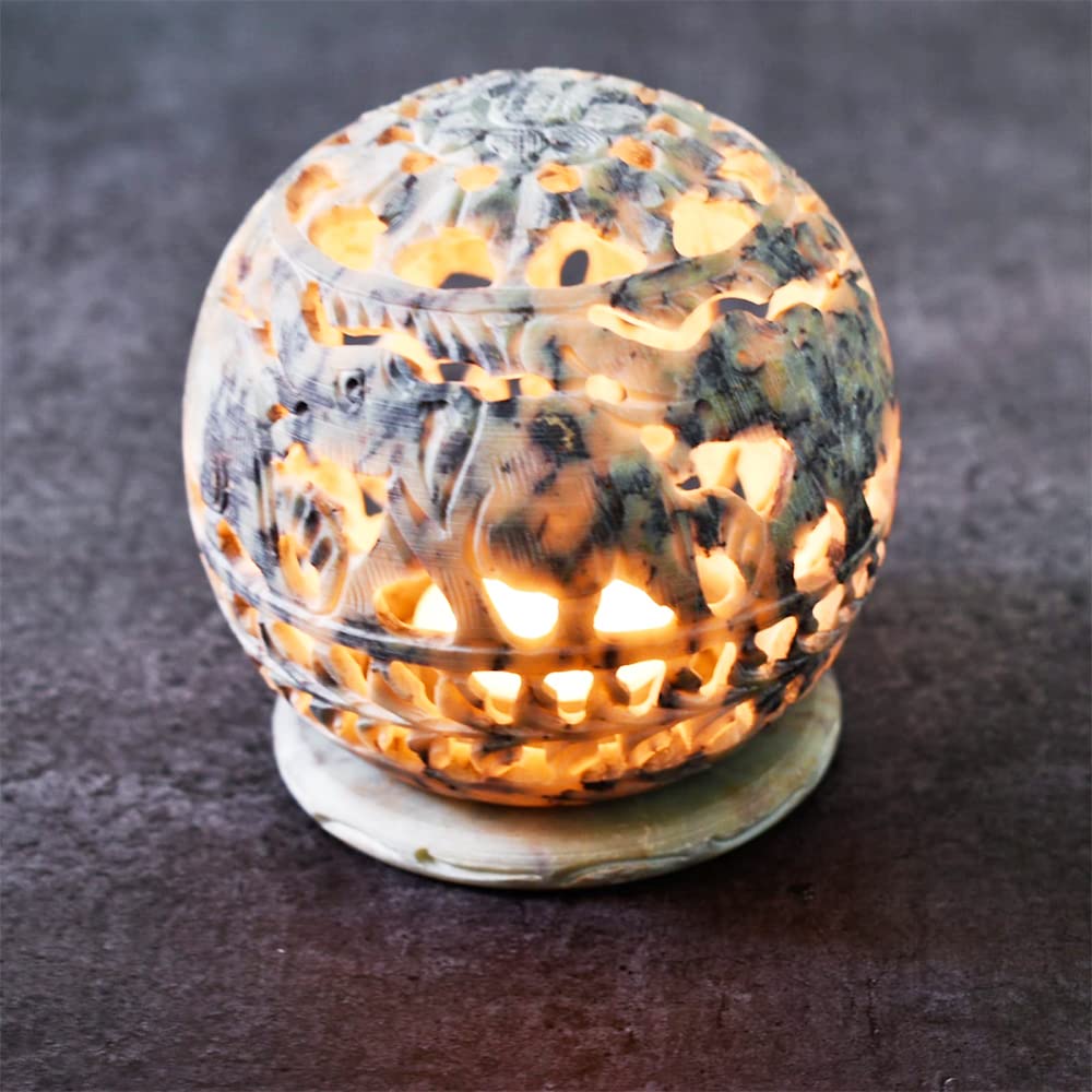 Ajuny Soapstone Tealight Candle Holder for Living Room Office - Decorative Lantern Handmade Tea Light Candle Holder Gift for Home and Kitchen Decor - 3 Inch