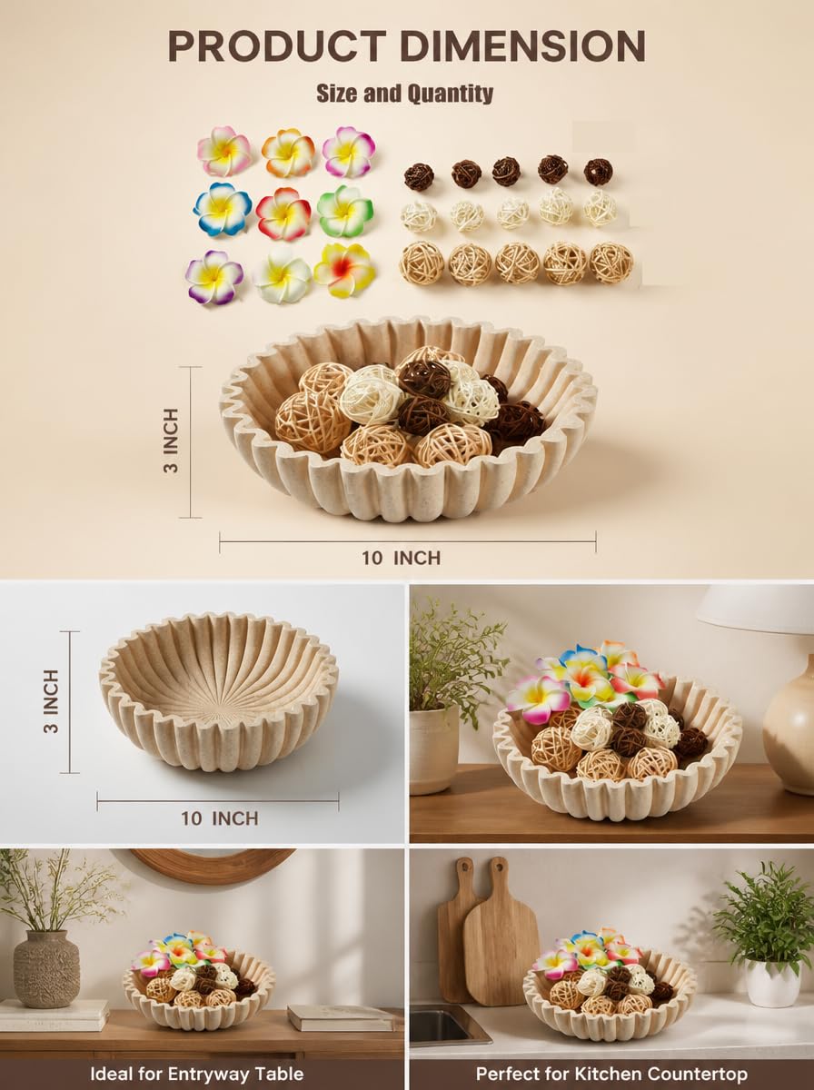 WVTANVW Ruffle Decor Large Decorative Bowl,fruit bowl kitchen stone bowl,bowl decor,Trendy home decor large Stylish Key Bowl for Entry Table