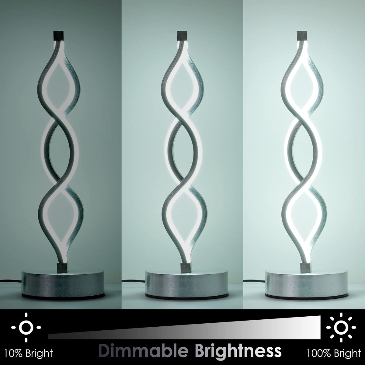 NUÜR Infinity Spiral LED Table Lamp Silver, Dimmable Metallic Bedside Lamp with Touch Controller, 3 Colour Temperature, 15.8 Inch Height, Decorative Lamp for Home, Living Room