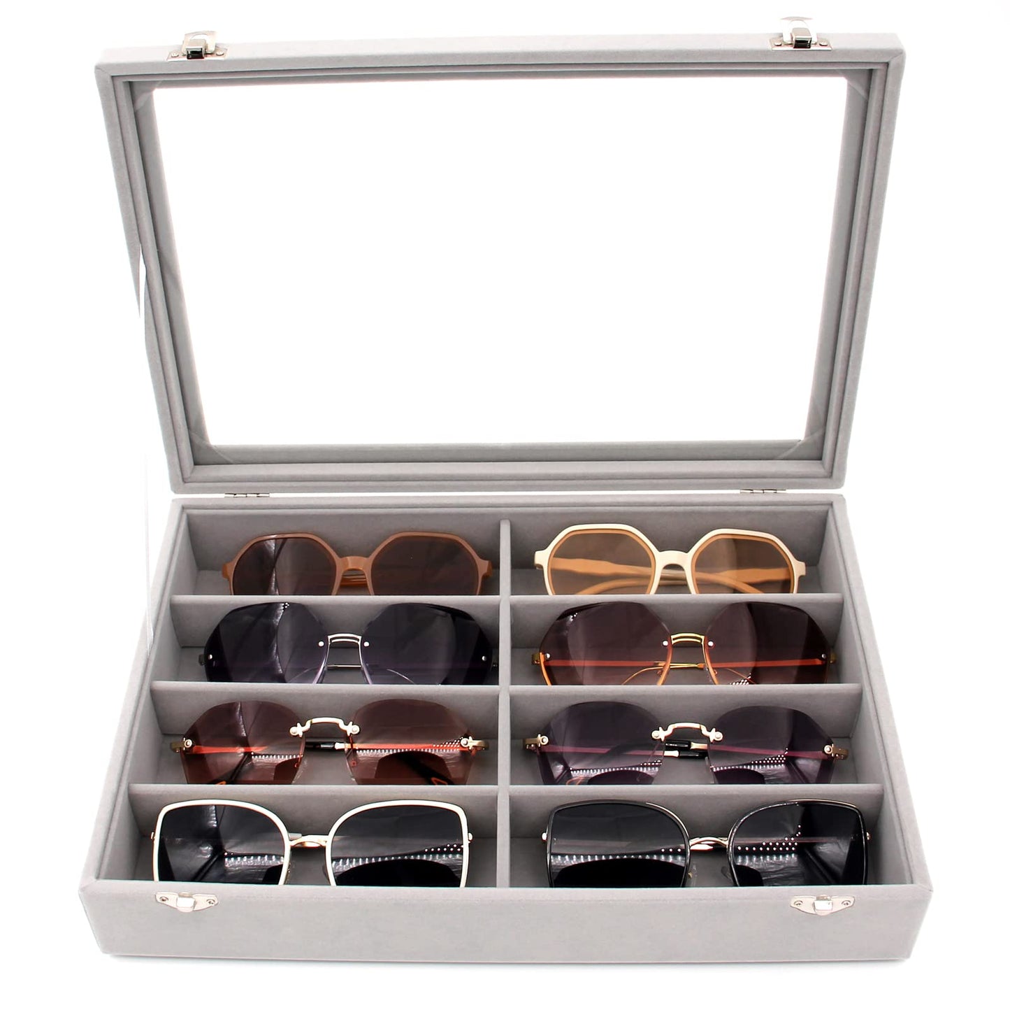 KLOUD City Luxury Sunglasses Organizer - 8 Slot Velvet Jewelry Storage Case with Clear Glass Lid | Dustproof, Scratch-Resistant Display for Glasses & Watches | Elegant Gift Box (14"x9.5")
