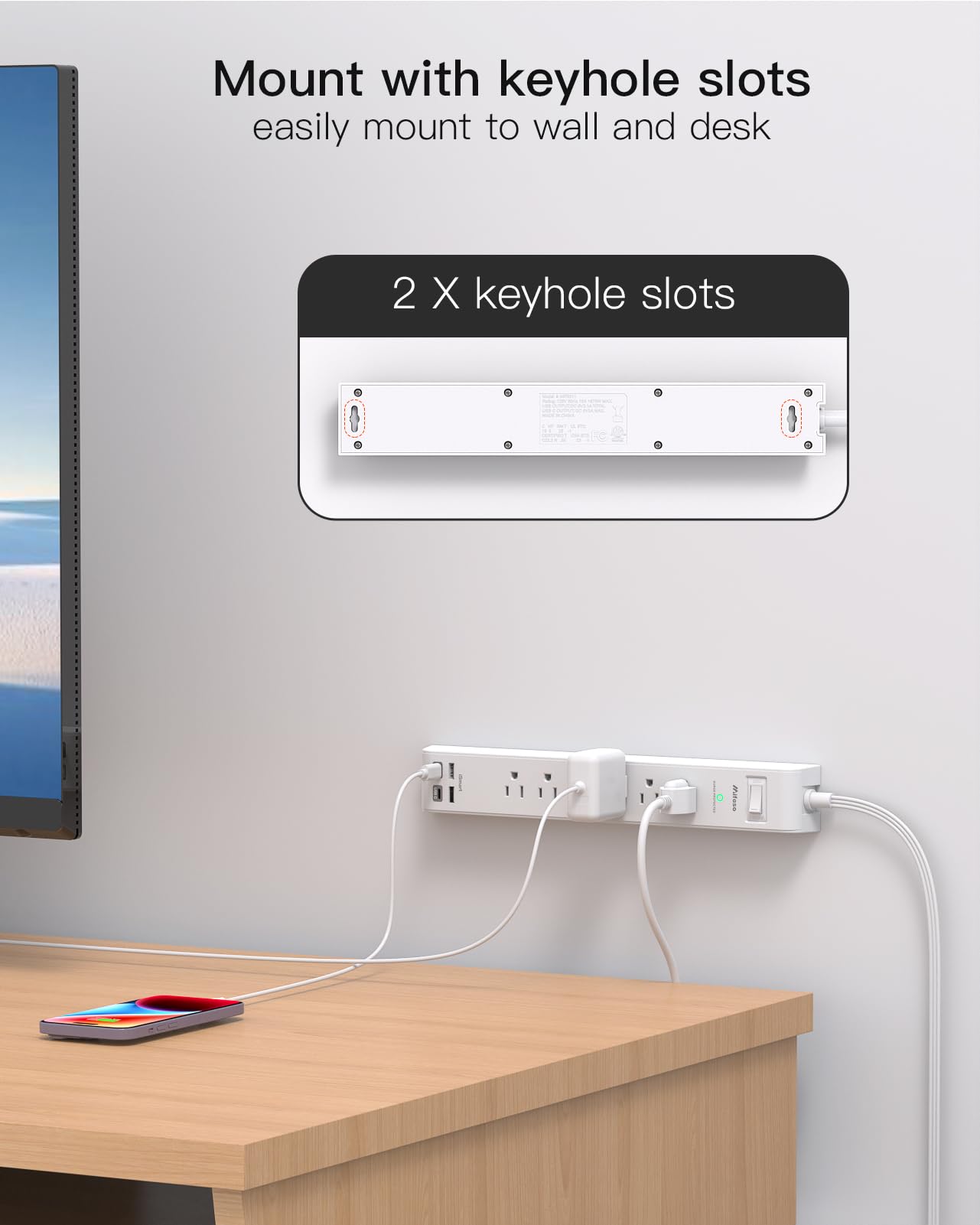 2 Pack Power Strip, 12FT Long Extension Cord, Surge Protector with 6 Outlets and 4 USB Ports (2 USB C), Flat Plug Overload Protection, Extension Cord 10+ ft, Wall Mount for Home Office Dorm College