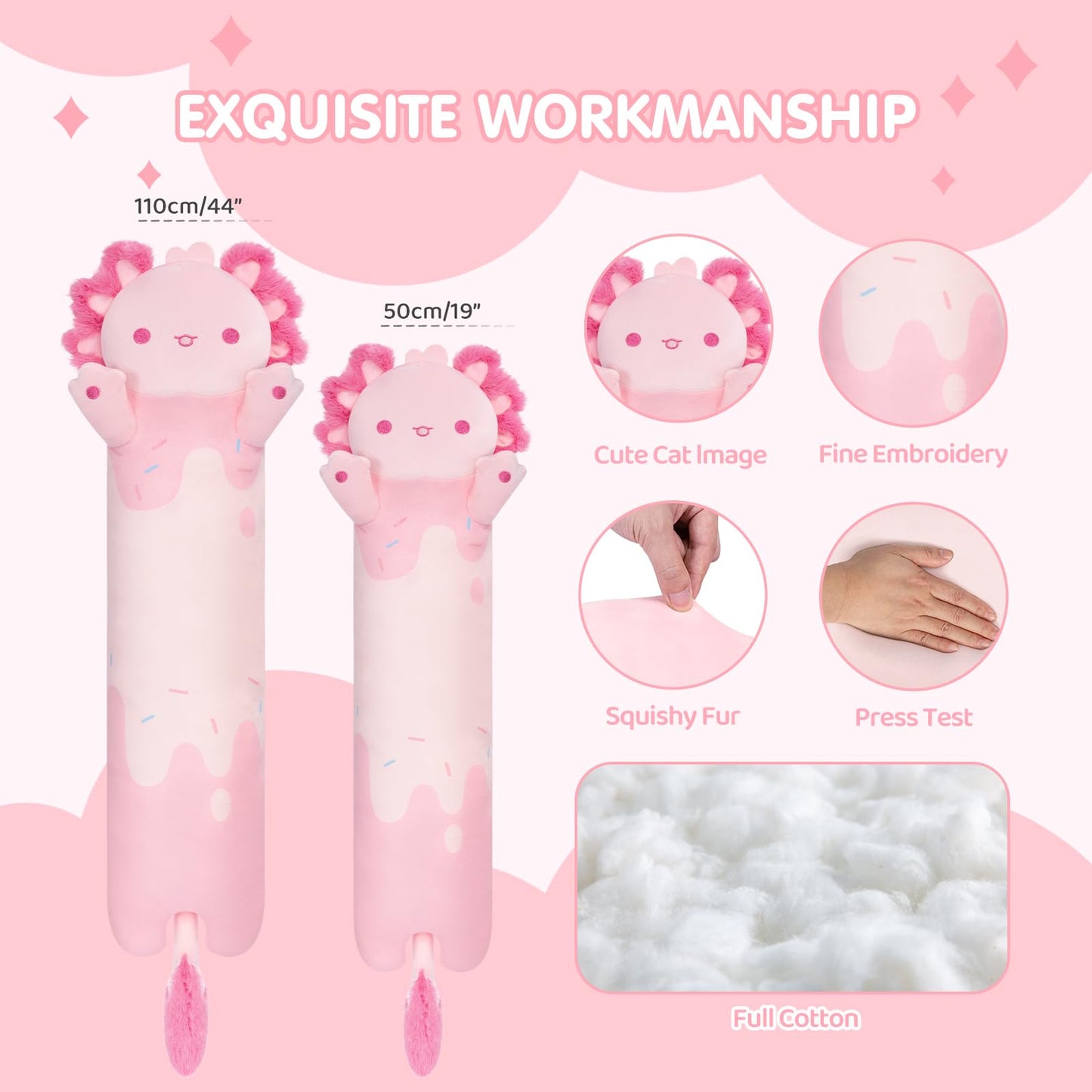 Mewaii 20in Long Pink Axolotl Plush Pillows Stuffed Animals Squishy Pillows - Cute Axolotl Plushie Sleeping Hugging Plush Pillow Soft Toys for Kids