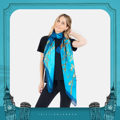 Trillion London® Spring Collection | Blue Floral Silk Neck Scarf For Women | Ladies Lightweight Scarves | Shawl Wraps | Suitable for Daily Life, Gifting | Smooth Soft Finish | Size - 180cm*90cm