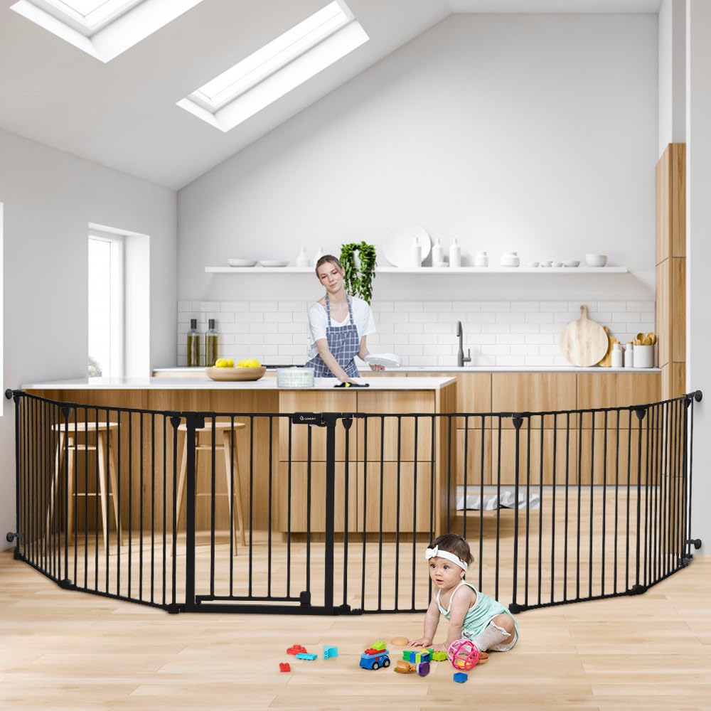 COMOMY 380cm Extra Wide Baby Gate, Dog Gates for Stairs Doorways, Fire Guard Safety Gates for Kids&Pets, Auto Close Baby Fence Barrier Indoor with Door, Hardware Mounted, 6-Panels (76cm Tall, Black)