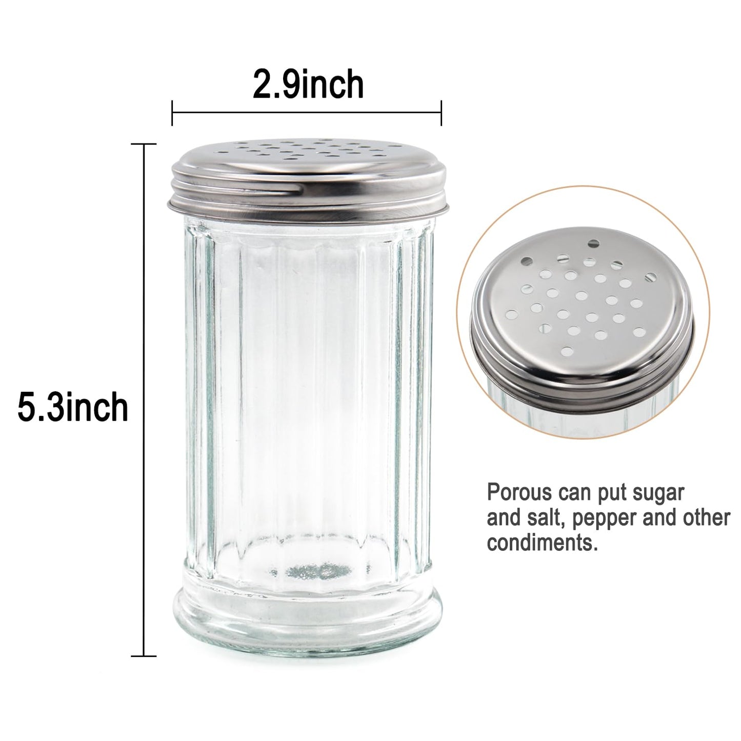 RUIQINQI 12 oz Retro Style Glass Sugar Shakers Dispenser, Glass Jar, Sugar Shaker, Stainless Steel Pour-Flap Lid, For Sugar/Cinnamon/Bee Pollen/pepper and other spices (Perforated Lid-1pc)