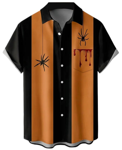 Men's Halloween Spider Print Short Sleeve Casual Vintage Button Down Shirt