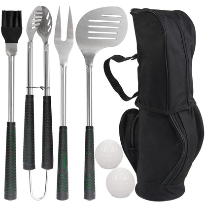 POLIGO 7PCS Golf-Club Style BBQ Tool Set Grilling Tools with Rubber Handle - Stainless Steel Grill Accessories for Outdoor Grill Set Premium Grill Utensils Set Fathers Day Birthday Gifts for Men Black