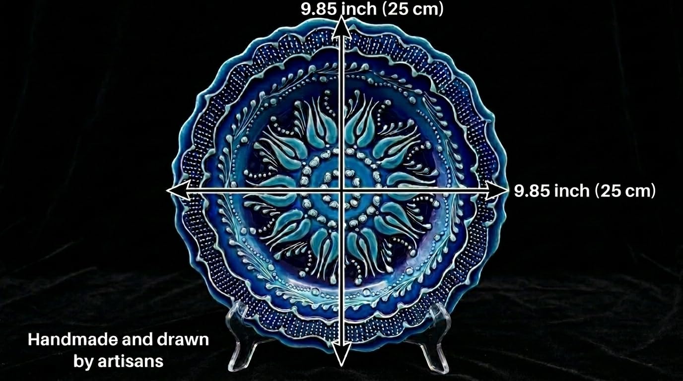 Ayennur Turkish Decorative Plate 9.85"(25cm) Handmade Ceramic Ornament for Home&Office Wall Hanging Decor (Blue)