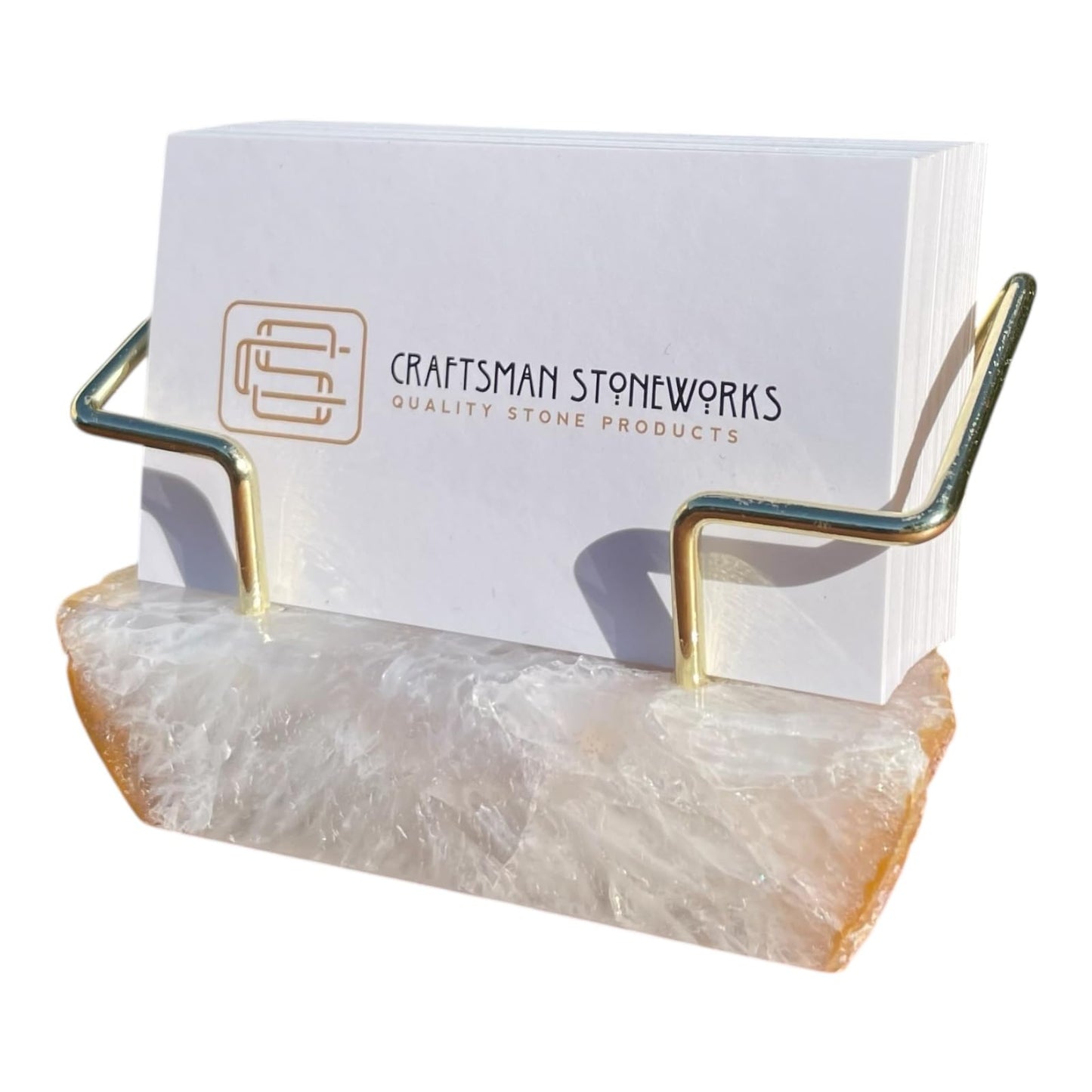 Craftsman Stoneworks Dyed Agate Business Card Holder Desktop Display Stand with Metal Wire Holder for Office Professionals - Holds up to 70 Cards (Natural, Medium)