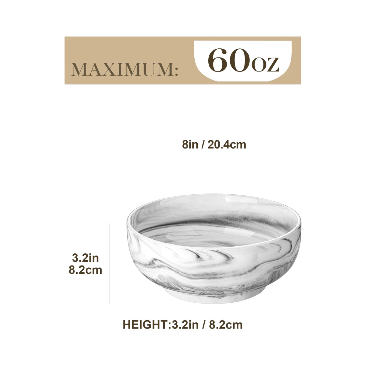 MALACASA Large Serving Bowls, 60 OZ (8'') Salad Bowls Set of 2, Ceramic Mixing Bowls for Kitchen, Serving Bowl for Soup, Pasta, Side Dishes and Entertaining, Marble Grey, Series REGULAR