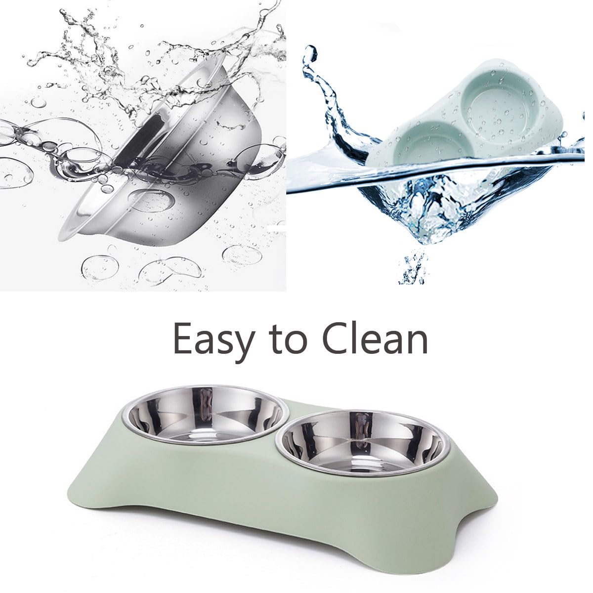 Double Dog Bowl,Non Slip Non-spill Stainless Steel Double Bowl with 1 Pet Food Spoop For Small Dogs and Cats (Green, S)