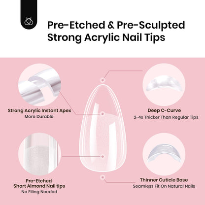 Beetles Tipex Gel Nail Kit, Medium Almond Nail Tips 224 Pcs 16 Sizes Pre-Building Pre-Etched Thick Acrylic Tips with Tipex Glue, Mini Lamp