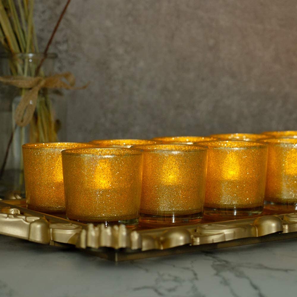 Gold Votive Candle Holders, BeMoment Glitter Glass Tealight Candle Holder for Christmas, Wedding Decor and Home Decor, Festival, Xmas, Holiday, Set of 12(2”×2”)