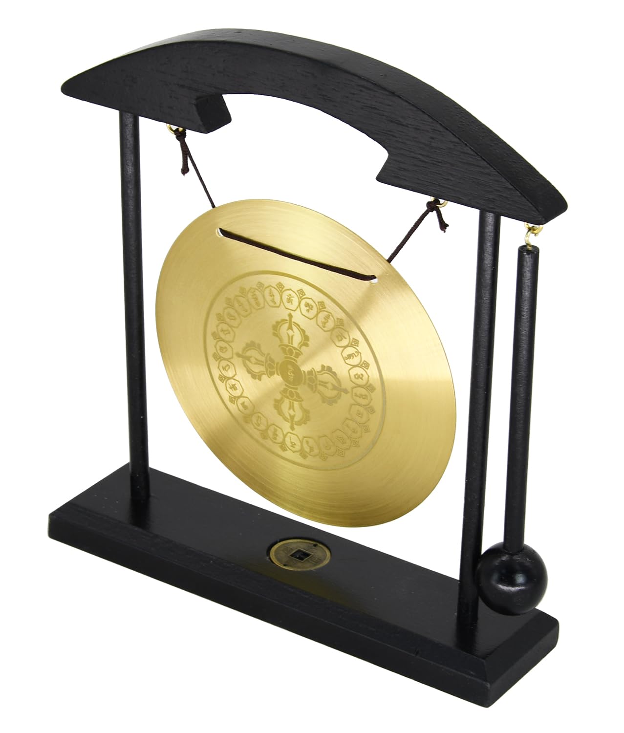 Feng Shui Desktop Gong Set, Brass Gong with Cross Vajra (Dorje) Center & Om Mani Padme Hum Mantra Ring, Solid Wood Frame & Mallet, Tibetan Zen Decor for Meditation & Energy Clearing, 11.1"W x 7.9"H