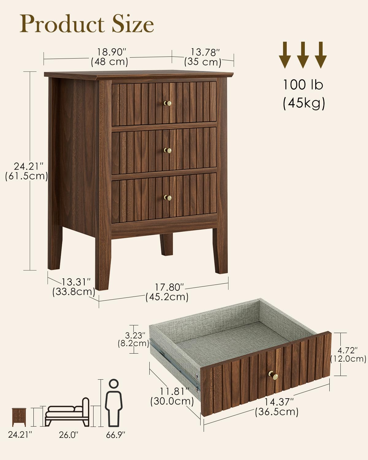 Apetaccat Nightstand Vintage, Fluted Night Stand Tall Farmhouse Beside Table with 3 Drawers, Mid Century Modern Side Accent Table,Bedside End Table for Bedroom, Walnut
