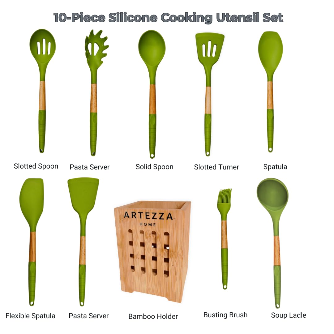 Green Silicone Kitchen Utensil Set – 10-Piece Cooking Tools with Wooden Handles & Ventilated Bamboo Holder, Heat-Resistant Silicone, Nonstick Safe, BPA-Free Kitchen Gadgets Set – Sage Green