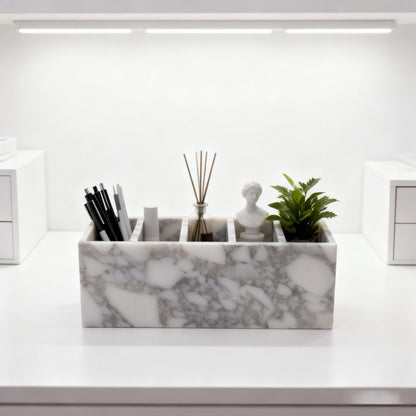Artisanal Abode 5-Tier Marble Desktop Organizer for Office & Beauty Tools - Stackable Makeup Brush Storage, Coffee Accessories Holder with Natural Stone Pattern, Multi-Layer Countertop Tray