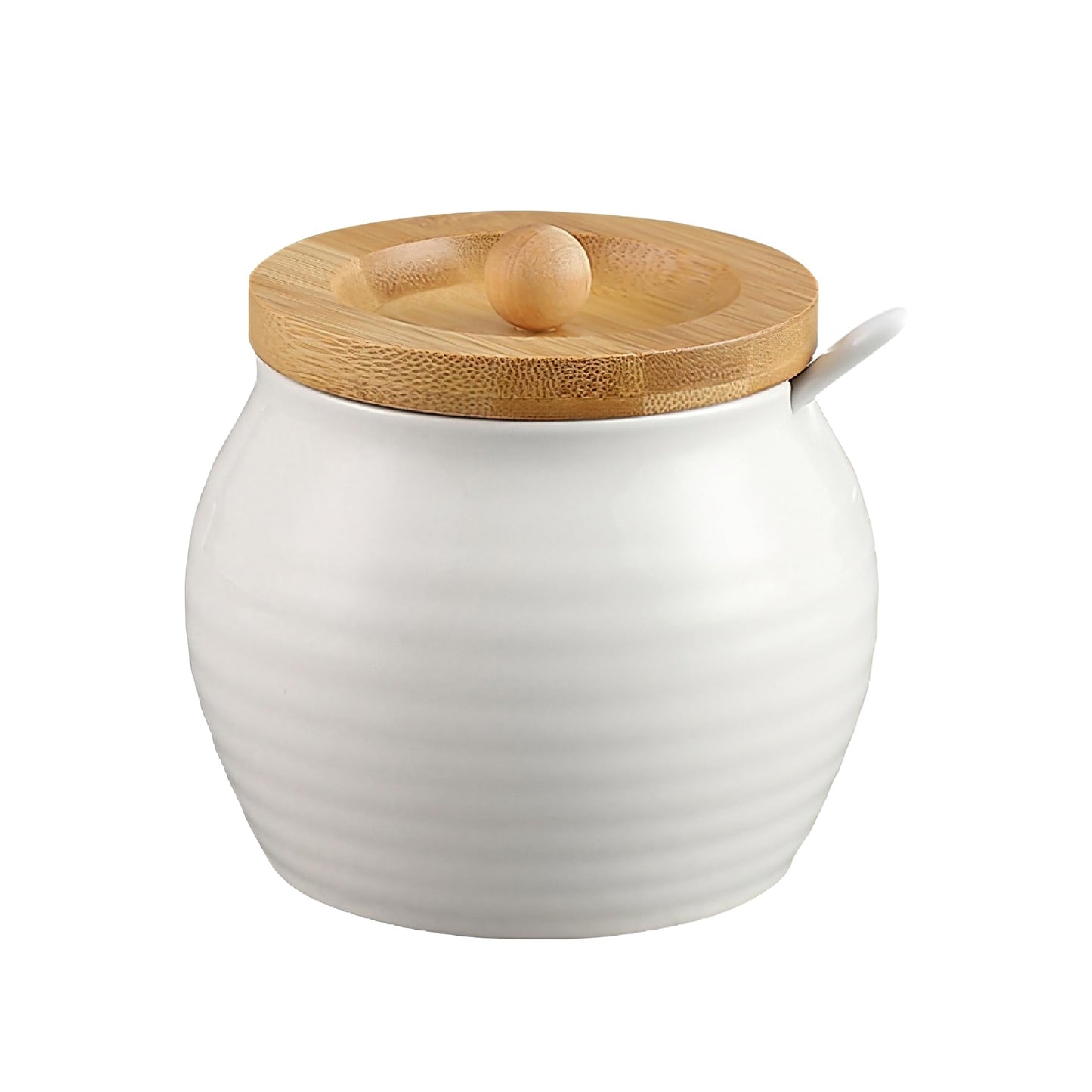 MOLADRI Ceramic Sugar Bowl with Bamboo Lid and Spoon, 11 Oz White Porcelain Sugar Salt Container Holder, Cute Farmhouse Condiment Pot for Creamer, Spice, Sugar Cube, Ghee, Coffee Bar, Countertop