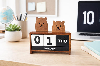 Wooden Perpetual Block Calendar for Desk, Wood Month Date Display Blocks for Teachers, Students, Classroom, Rustic Farmhouse Office Decor, Desk Accessories （Two Cute Bears)