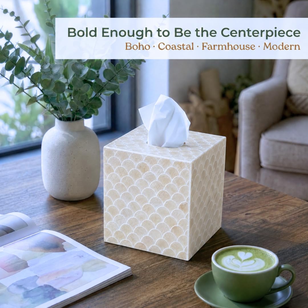 5.9" Capiz Shell Tissue Box Cover for Kleenex and More, Square Decorative Holder with Bottom Slider, Handmade Bathroom Accessory Coastal Décor (Natural)