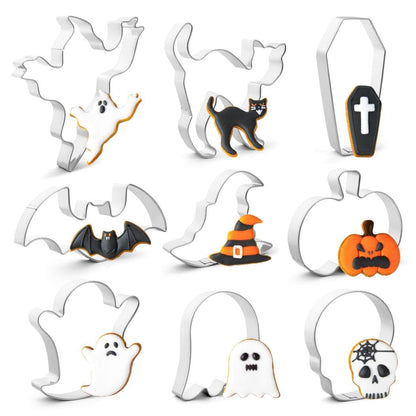 QtoiKce Halloween Cookie Cutters Set,9 Piece Stainless Steel Metal Halloween Cookie Cutters Shapes - Pumpkin, Ghosts, Bat, Black Cat, Witch's Hat, Skull, Coffin, 1, Silver