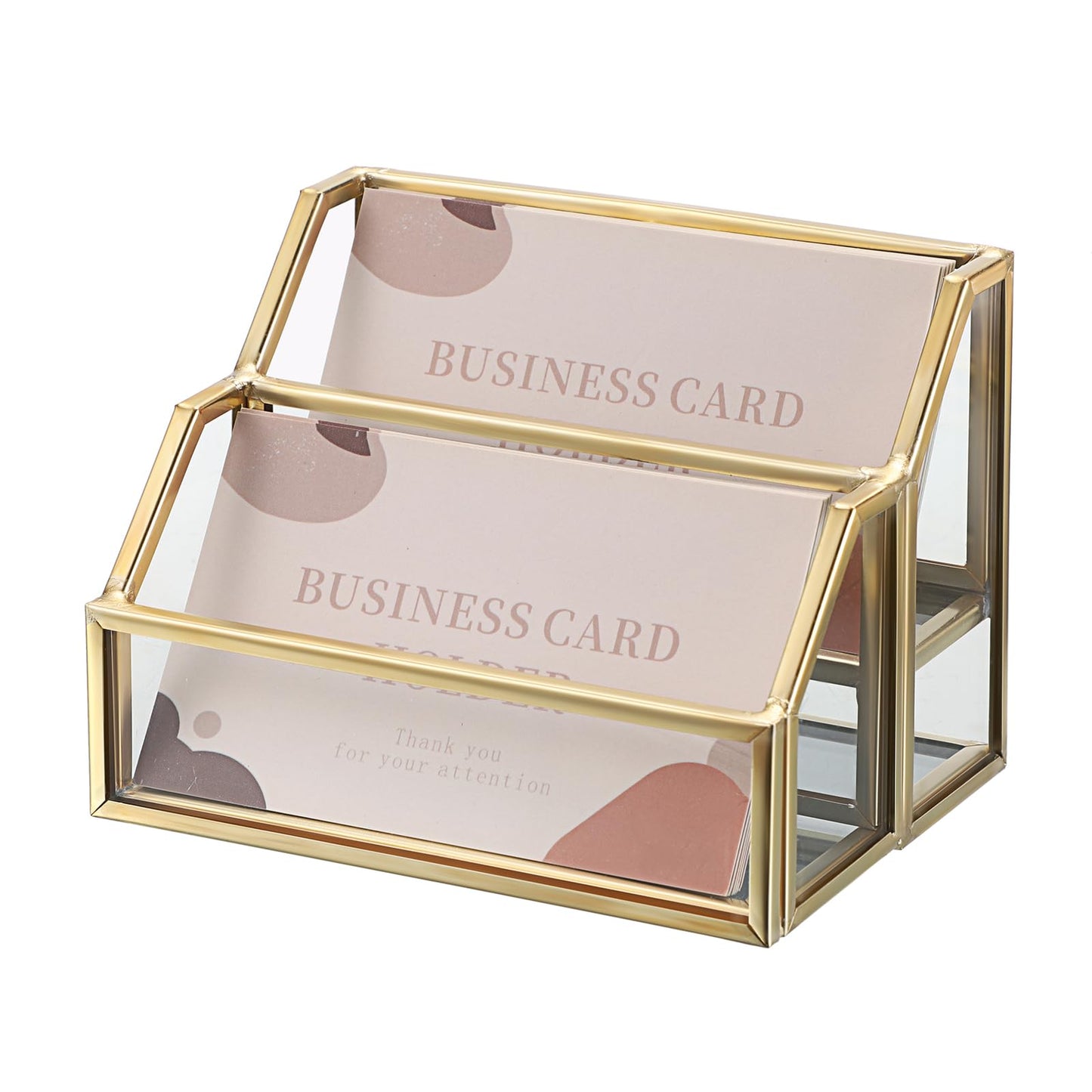 Hipiwe Glass Business Card Holder 2 Slots Gold Business Card Stand Mirrored Base Name Display Holder for Desk Multiple Clear Business Card Holder Display for Office