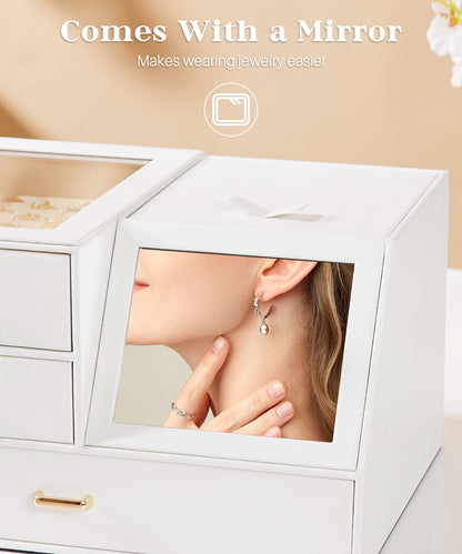 Homde Women Mirror Jewelry Box: Organizer Case with Clear Lid for Ring Necklace Earring - Gift for Young Women (White)