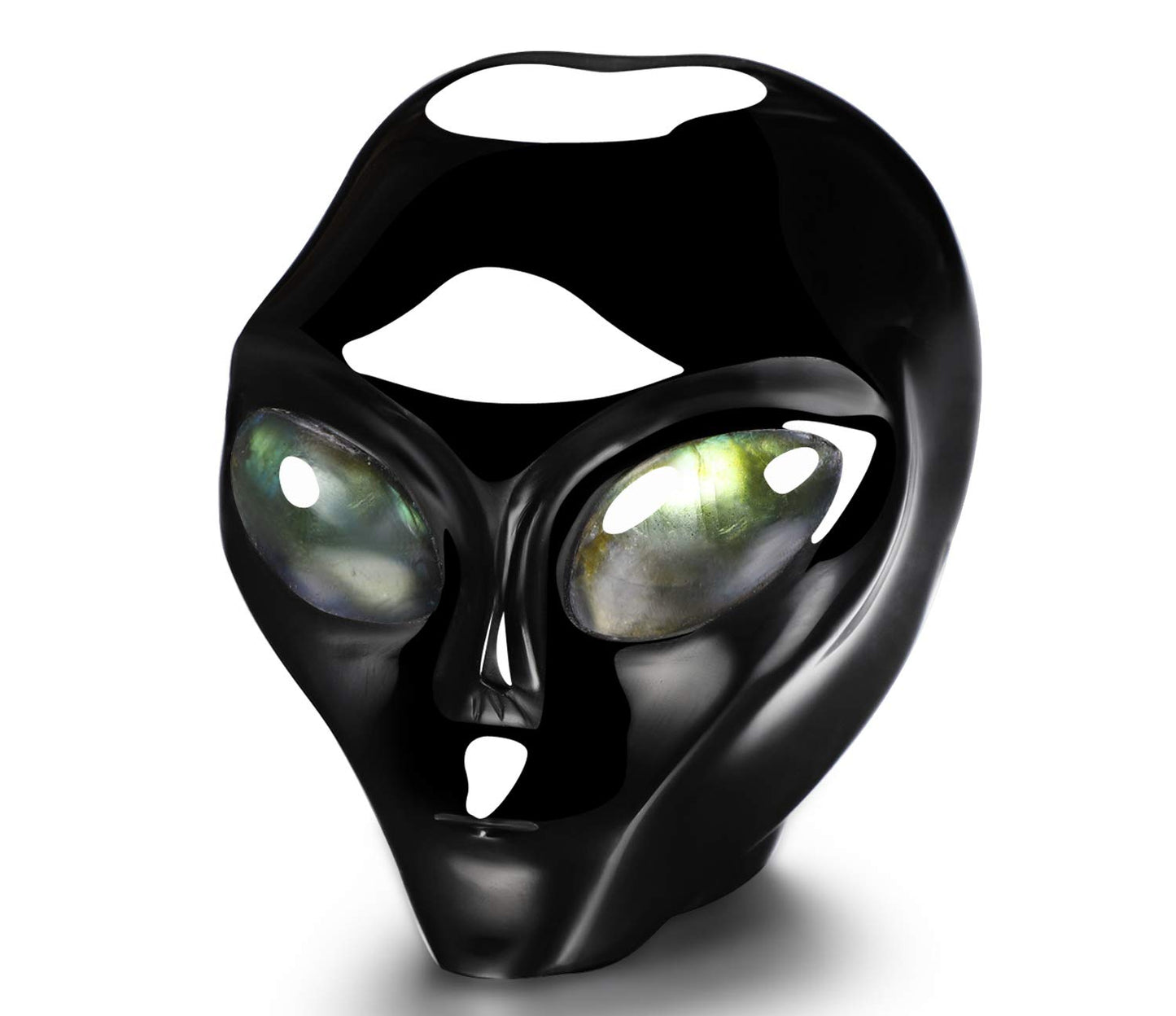 Skullis 3.0" Black Obsidian Star Being Female Alien Crystal Skull Companion with Labradorite Eyes, Hand Carved Gemstone Fine Art Sculpture, Reiki Healing Stone Statue