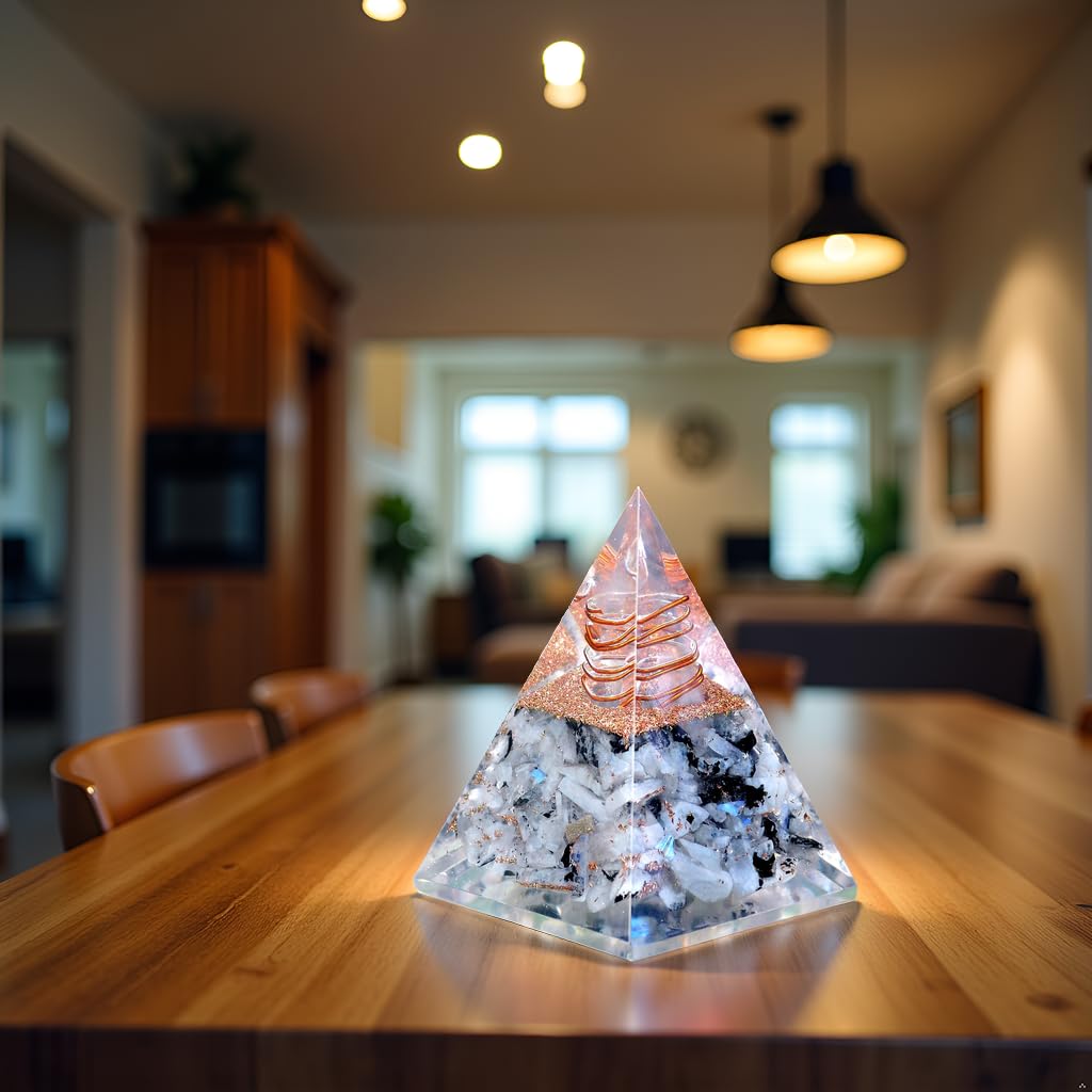 Ever Vibes Rainbow Moonstone Orgone Pyramid - Handmade Healing Crystal Gemstone for Positivity, Strength, Meditation, Reiki, Yoga, Spiritual Gift, Home & Office Decor