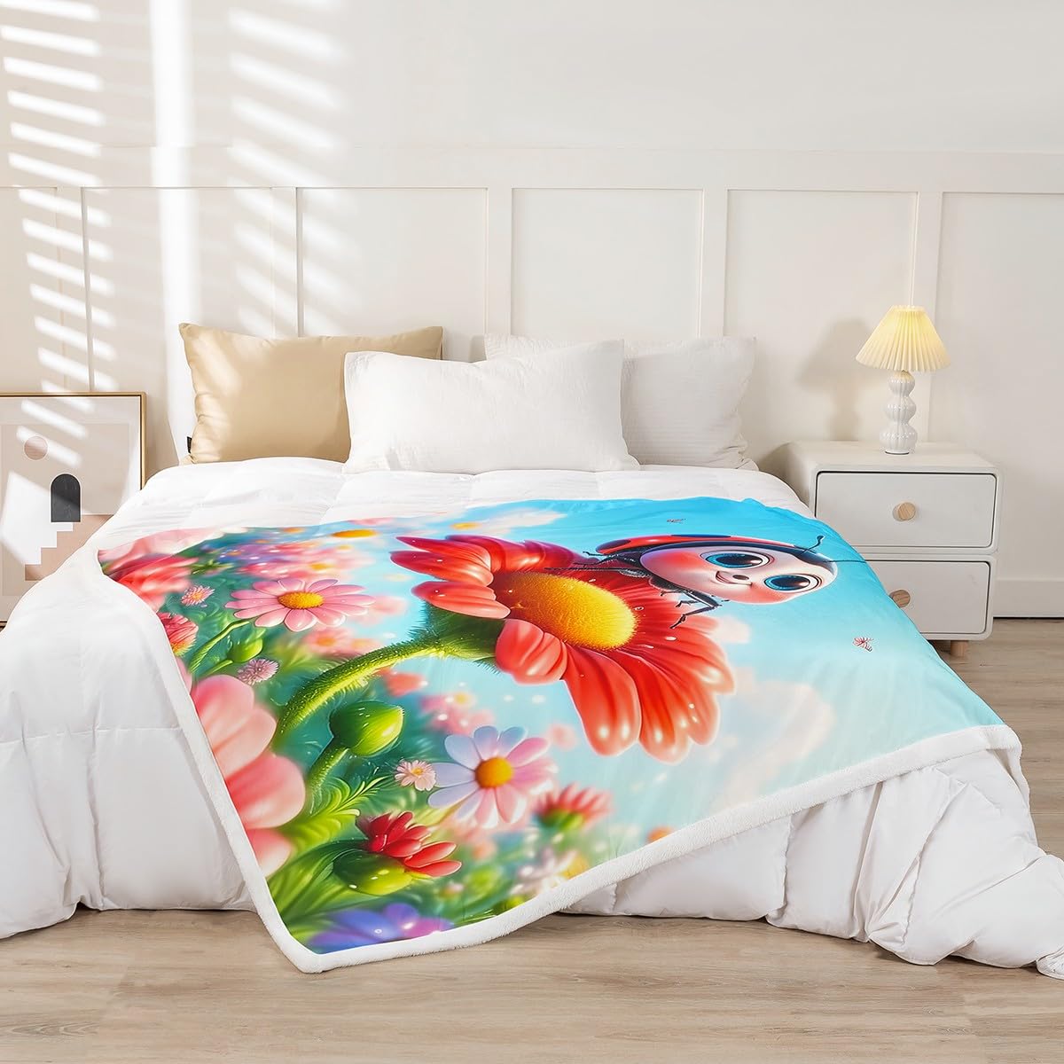 Erosebridal Cute Ladybug Throw Bed Blanket Watercolor Flowers Ladybird Throw 50"X60" Fleece Blankets for Kids Boys Girls,Kawaii Animal Sherpa Blankets Cartoon Ladybug Spring Floral Fuzzy Blanket