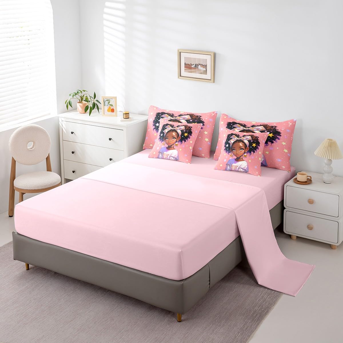 Cartoon Cute Girl Comforter Set,African American Style 7 Piece Bed Set Twin Size for Kids,Glitter Print Star Dots Bed in a Bag Bedding Set with Comforter,Sheet Set,Pillowcases,Pillow Covers