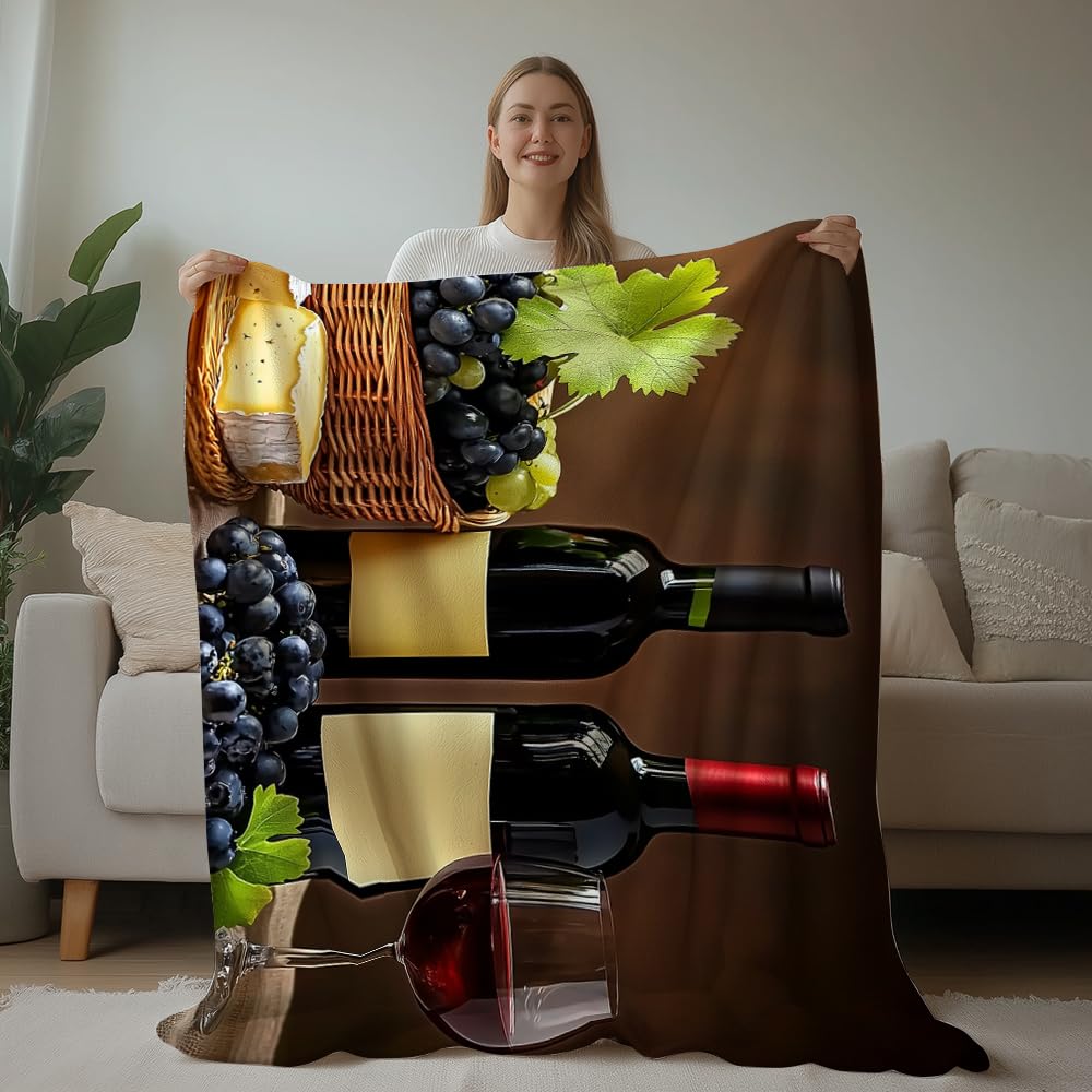 HUNXIAOJ Wine Throw Blanket Grape Wine Decor Grape Throw Blanket Country Bedding Warm Soft Flannel for Bed Sofa Couch (49in x 59in)