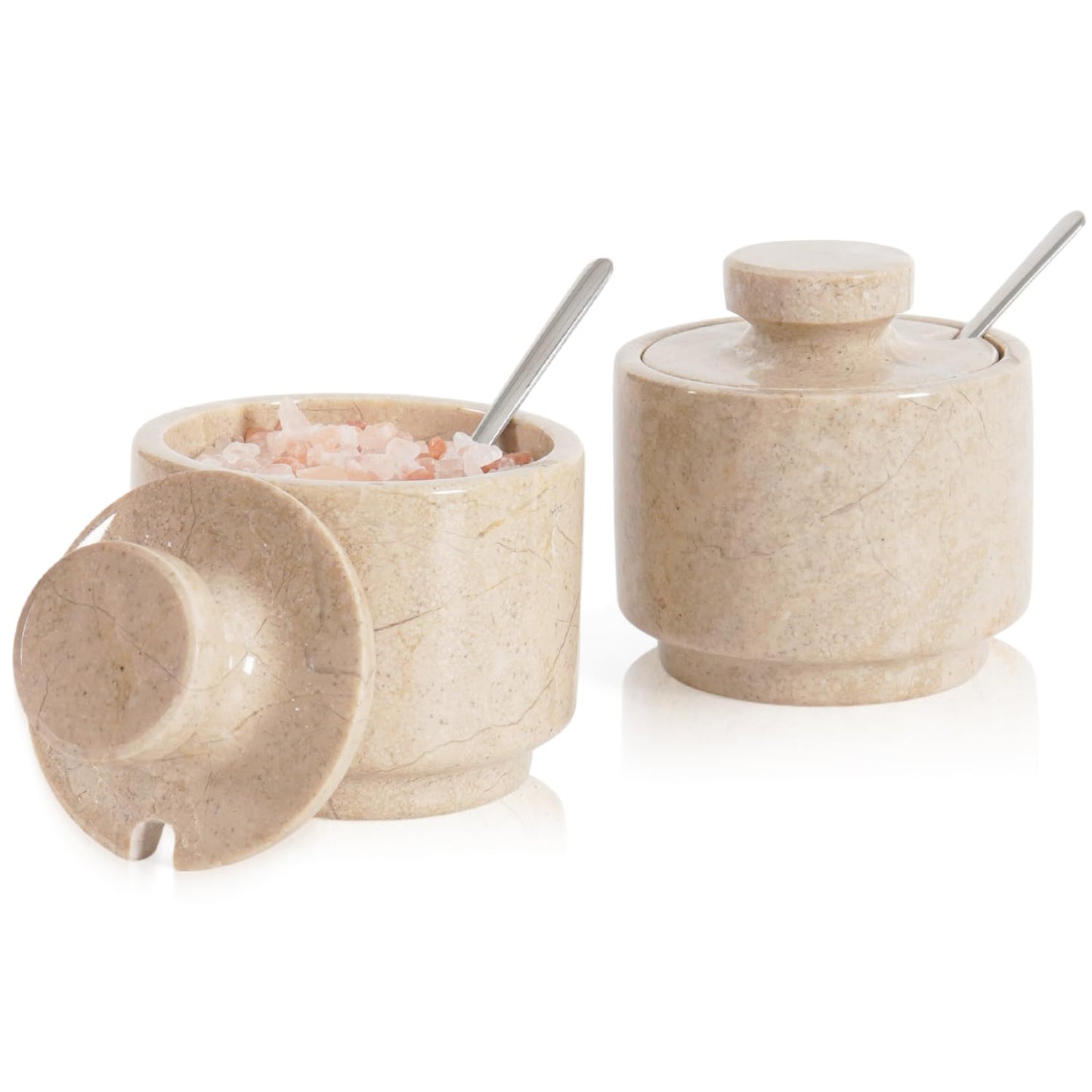 MARBLOUS KRAFTS Marble Salt Cellar 3" Inch Verona Stone Salt Container, Ideal Set of 2 Coffee Storage Container Kitchen Countertop, Candy Jars with Lids and Spoons, Spice Storage