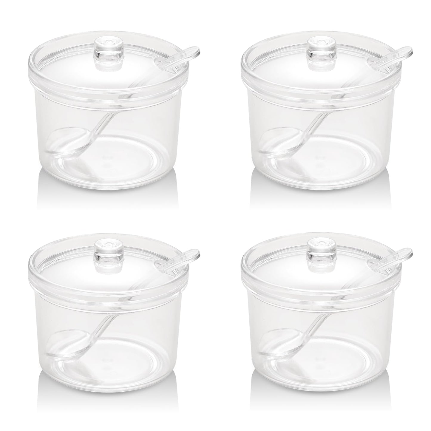 RAMFIYN Set of 4 Acrylic Sugar Bowl with Lid and Spoon, Clear Sugar Jar with Lid and Spoon, Cute Jars for Sugar, Salt, Tea, Condiment Server – 7oz