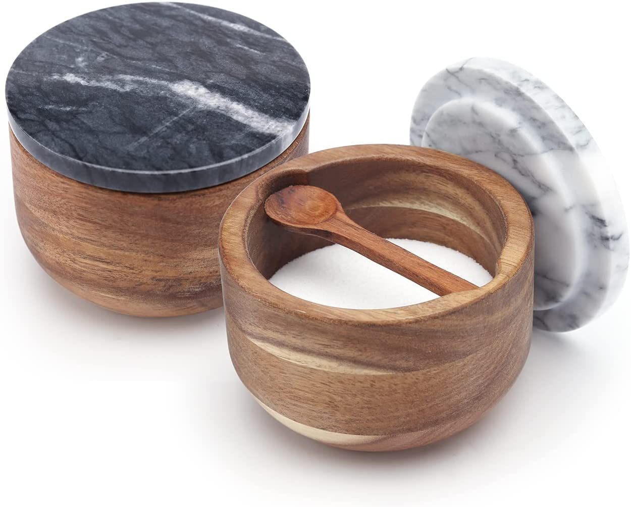 KITCHENDAO Large Wood Salt and Pepper Box Bowl Set with Built-in Serving Spoon, Natural Solid Acacia Base, Big Capacity Salt Pepper Cellar Container Holder, 10oz Capacity Each, Black & Grey Marble Lid