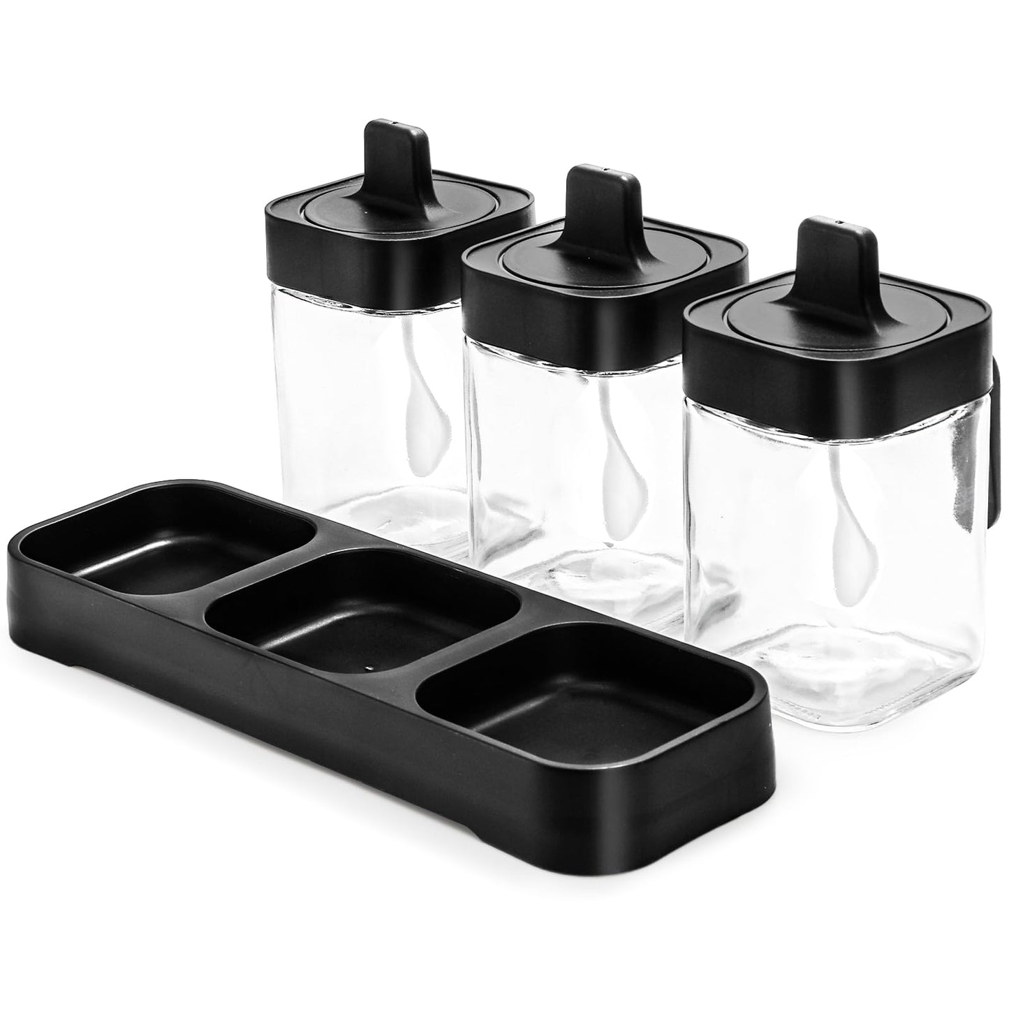 Mezchi Set of 3 Condiment Jar with Tray, 13.5 OZ Spice Container with Lids and Spoons, Glass Condiment Salt and Sugar Container Sets, Kitchen Seasoning Box for Salt Pepper Sugar Storage, Black