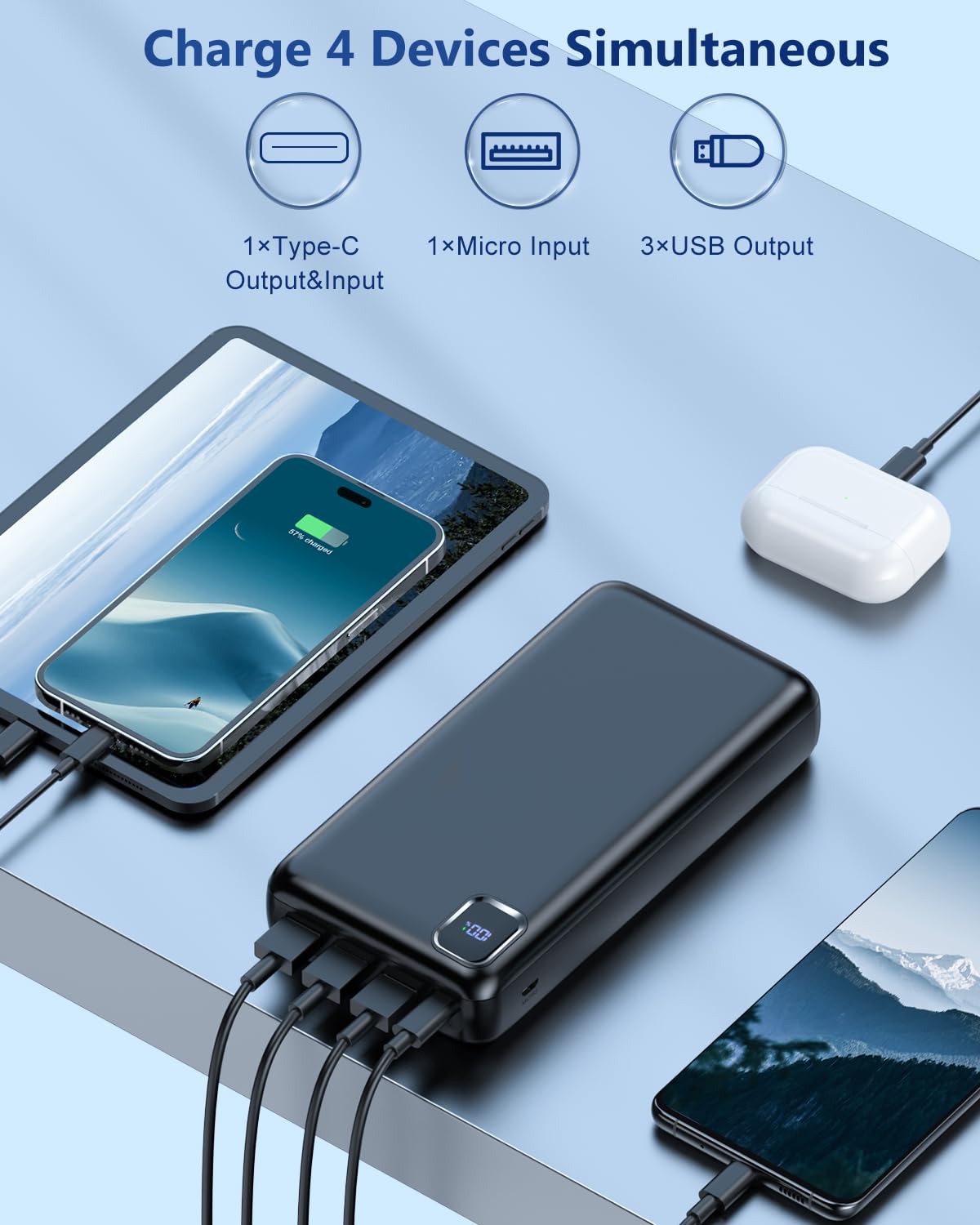 Portable Charger Power Bank 40000mAh Powerbank PD 30W and QC 4.0 Fast Charging External Battery Pack with USB-C LED 3 Outputs & 2 Inputs Portable Charging for iPhone 15 14 13 pro, Samsung
