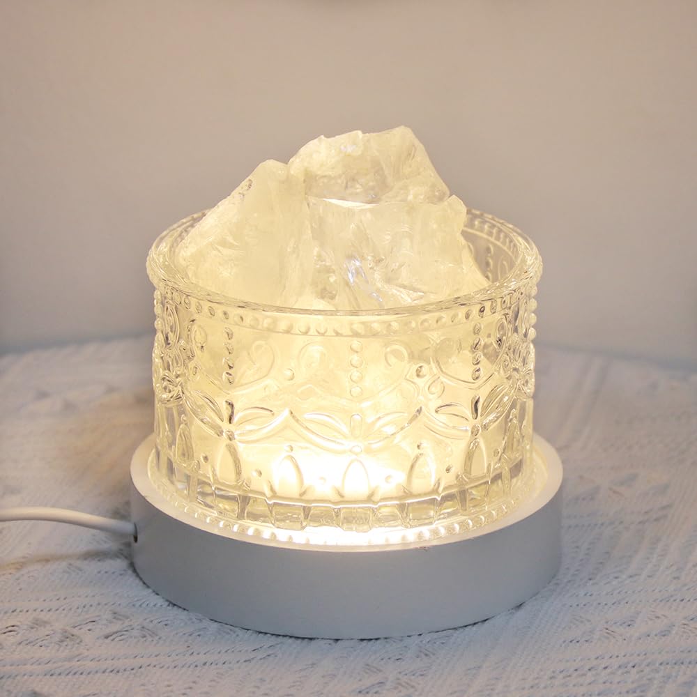 GUOCHENG Himalayan Salt Table Lamp with Natural Crystal Chunks, Wood Lamp Base with Glass Cup LED USB Salt Rock Lamps for Spa Bar Yoga Night Sleep Light, Gift Box(White)
