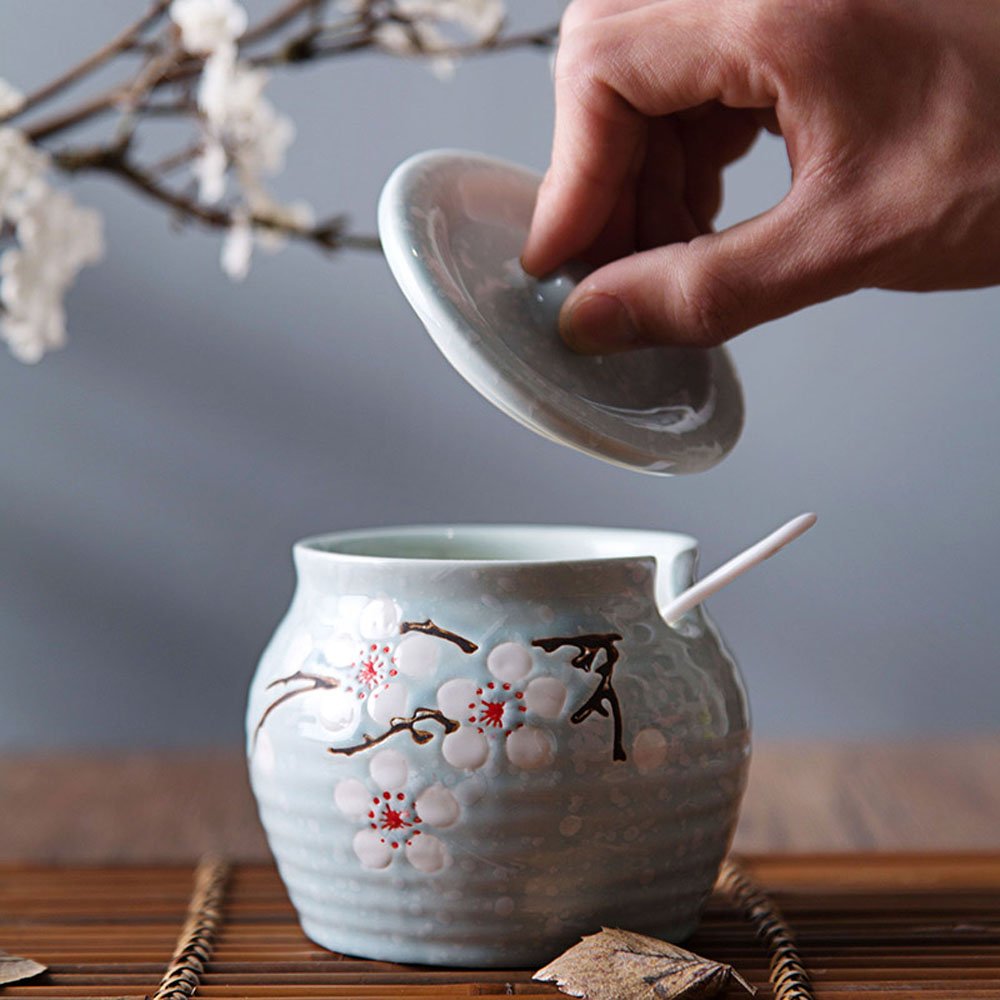 Ceramic Flower Sugar Bowl Seasoning Pot Salt Pepper Storage Jar