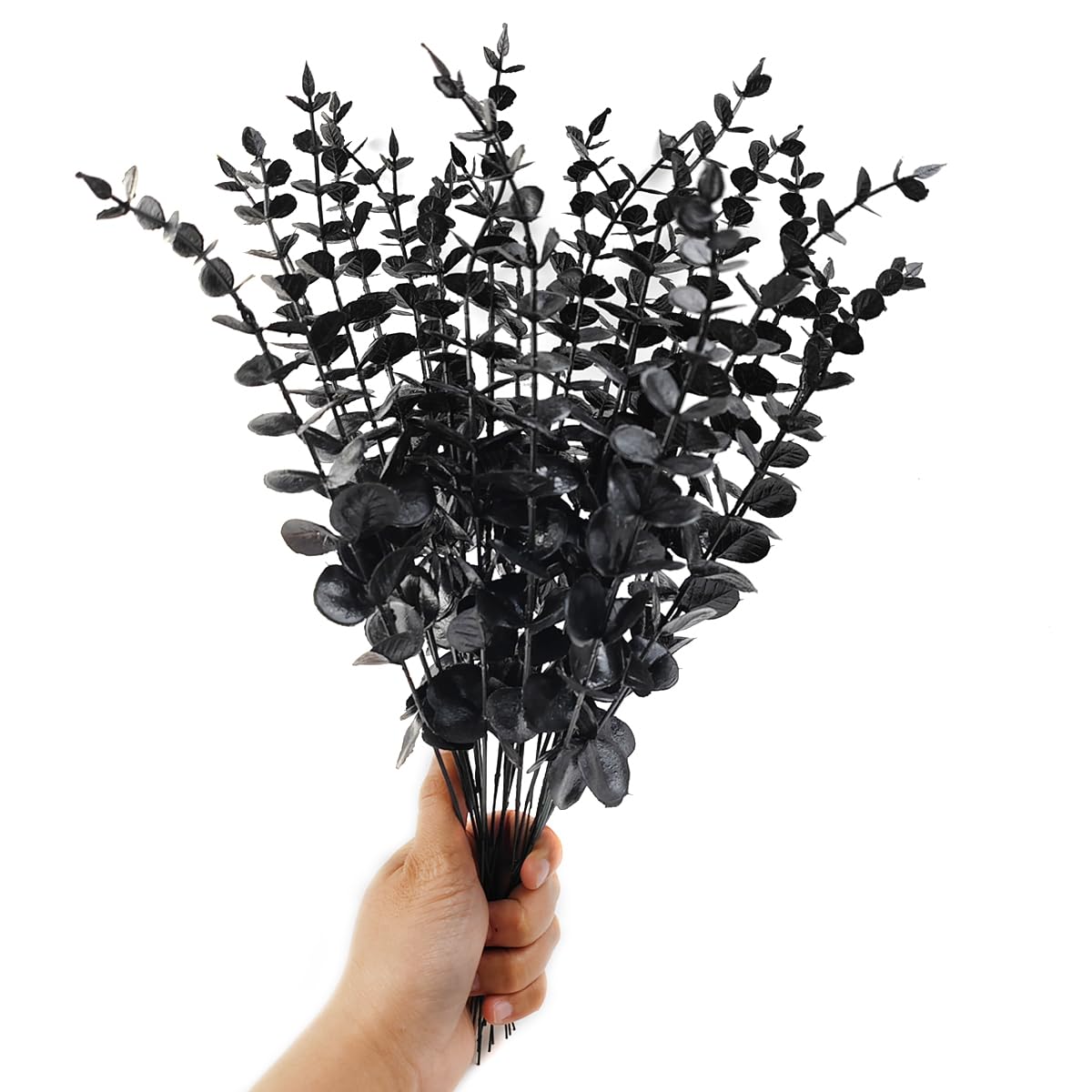 TIHOOD 14PCS 15” Black Eucalyptus Stems Artificial Eucalyptus Leaves Branches Fake Eucalyptuses Decor Faux Eucalyptus leaf Stem for Halloween Autumn Fall Floral Arrangement Wedding Bouquet Home Office