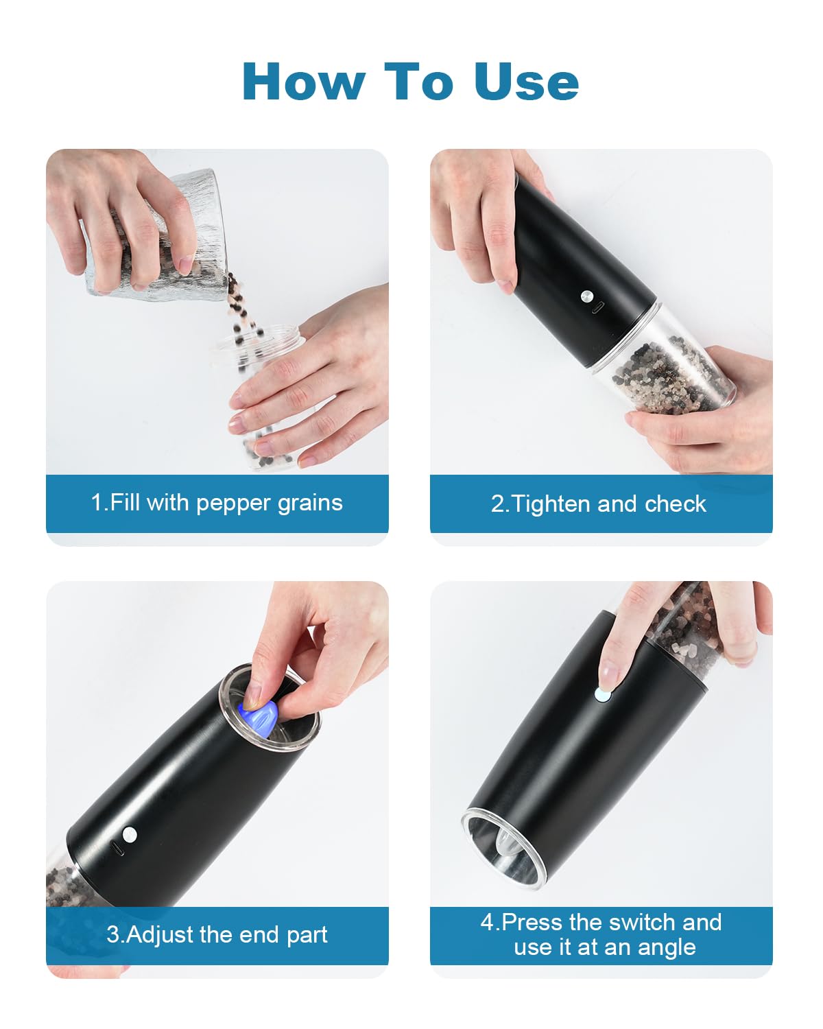 GVUHR Rechargeable Salt and Pepper Grinder Set，2 Intelligent Electric Grinders with Cleaning Brush，2 USB Charging Cables,Black Pepper and Salt Grinder Refillable