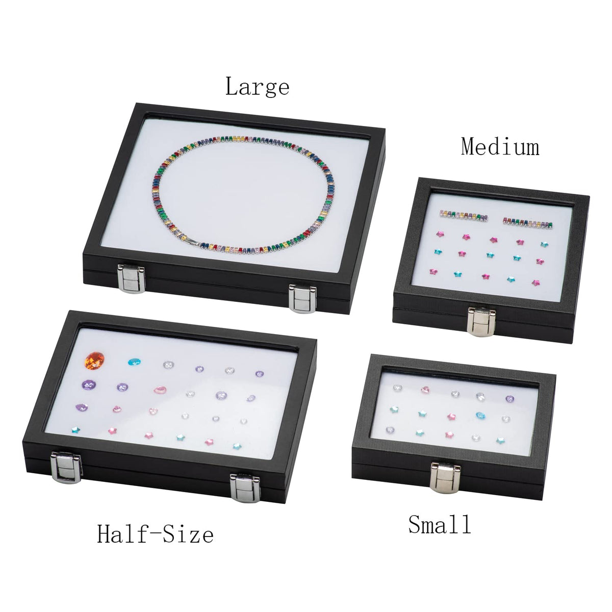 Giftop Jewelry Display Case Tempered Glass Top Lid Black Leatherette,Gemstone Display Case Jewelry Storage Box with Metal Clasp (Medium)