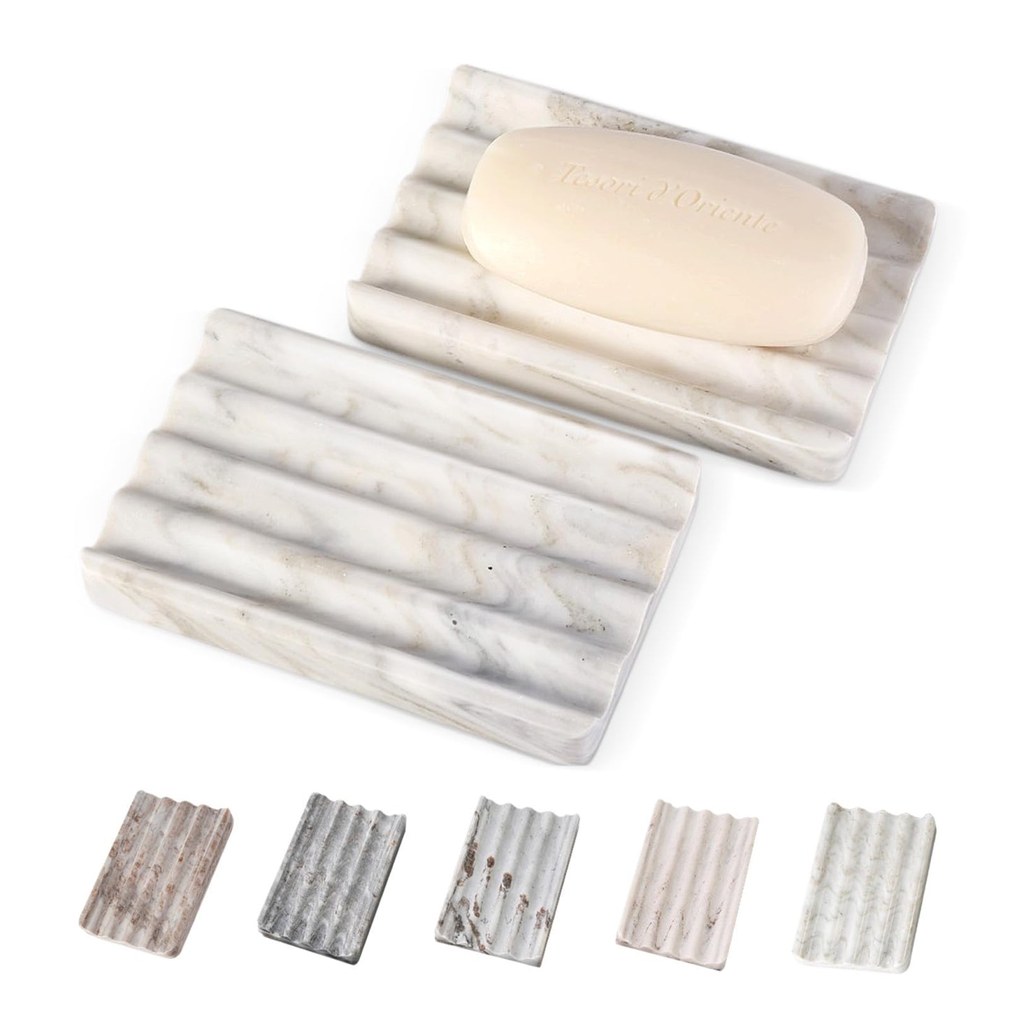 2PCS Koville Italian Natural Marble Soap Dish for Shower, Multi-Color Stone Soap Tray for Bathroom, Bar Soap Holder for Sink, Stripe Grooves Soap Saver Sponge Holder (White/Brown Random)