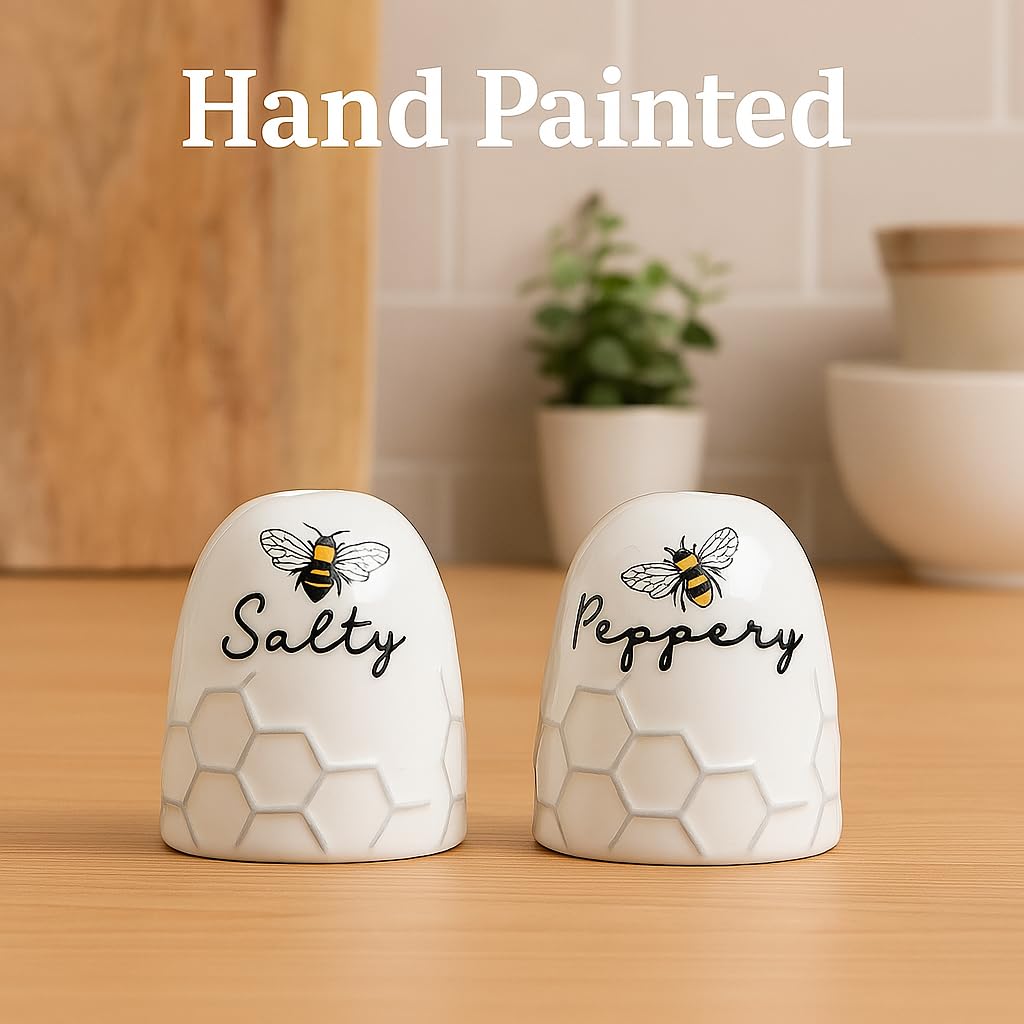 Honey Bee Ceramic Salt and Pepper Shakers, Unique Honeycomb Design