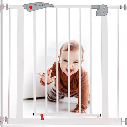 Baby Gate for Doors and Stairs, 10 cm Extension, Stair Gate Pressure Fit - No Screws, Child Stair Gate for Widths 75 to 85 cm, Dog Safety Gate One-Handed Opening to Both Sides, Metal, White/Grey